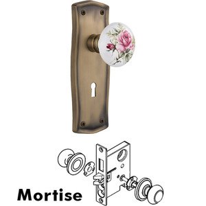 Nostalgic Warehouse - Complete Mortise Lockset - Prairie Plate with Rose Porcelain Knob