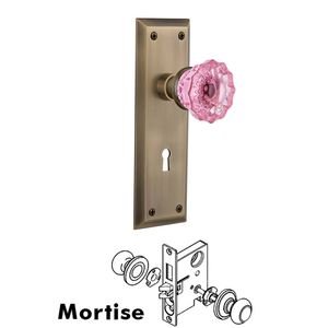 Nostalgic Warehouse - Complete Mortise Lockset - New York Plate Crystal Pink Glass Door Knob