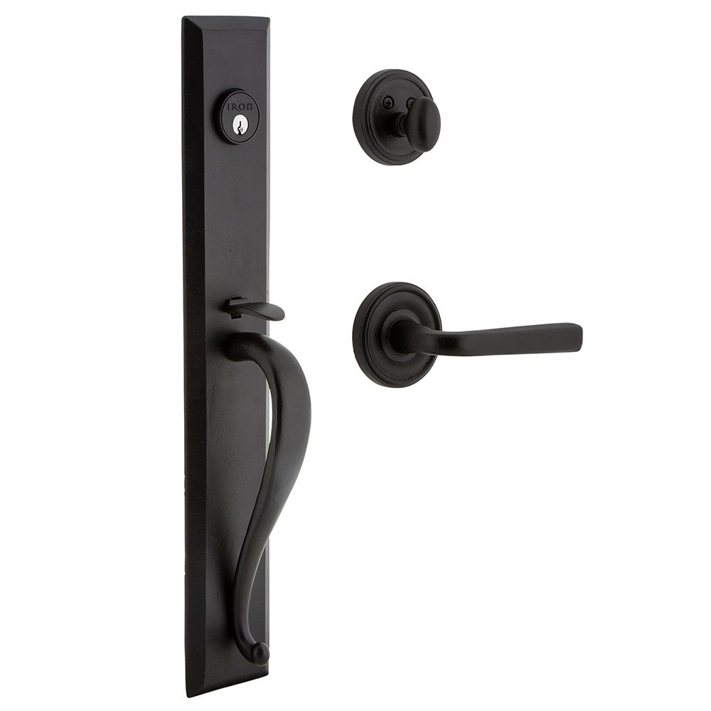Keep One-Piece Handleset with A Grip with Loch Rosette and Lance Lever in Black Iron