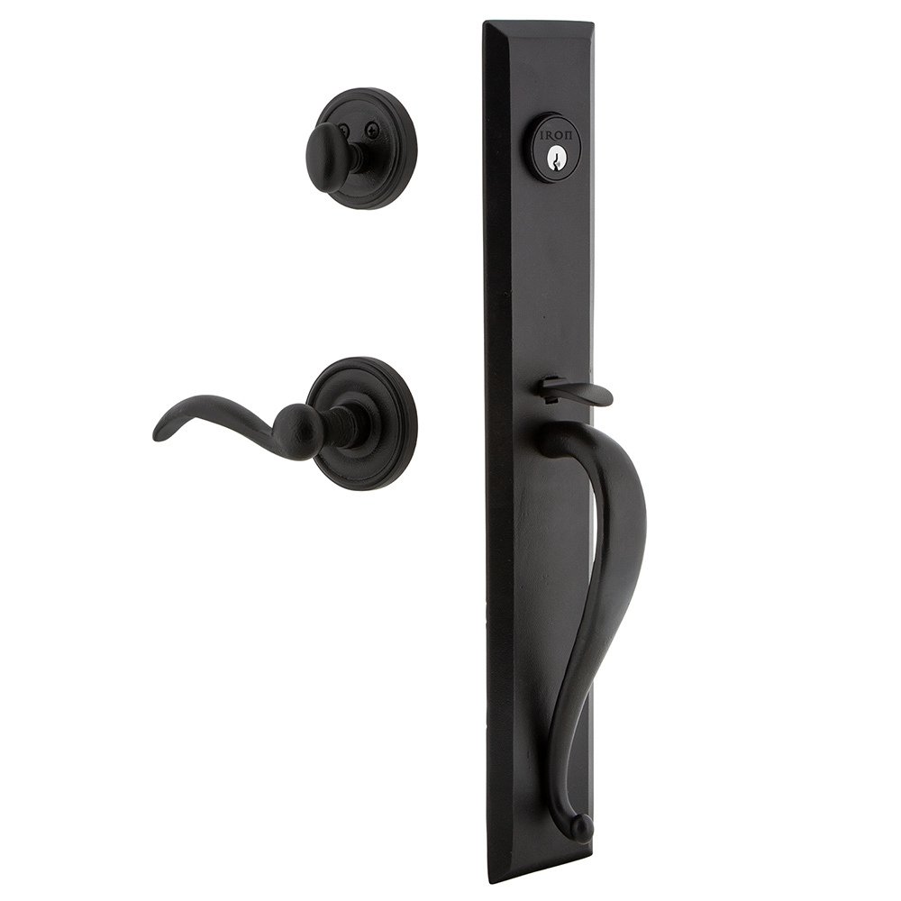 Keep One-Piece Handleset with A Grip with Loch Rosette and Tine Lever in Black Iron