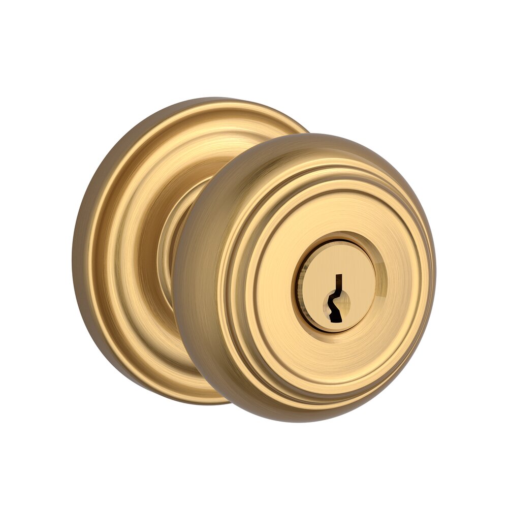 Keyed Entry Door Knob with Round Rose in PVD Lifetime Satin Brass