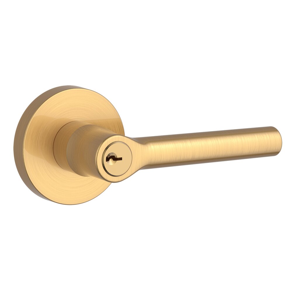 Keyed Entry Door Lever with Contemporary Round Rose in PVD Lifetime Satin Brass