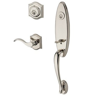 Right Handed Double Cylinder Chesapeake Handleset with Curve Door Lever with Traditional Arch Rose in Polished Nickel