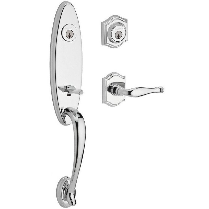 Handleset with Left Handed Decorative Lever and Traditional Arch Rose in Polished Chrome