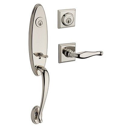 Left Handed Double Cylinder Chesapeake Handleset with Decorative Door Lever with Traditional Square Rose in Polished Nickel