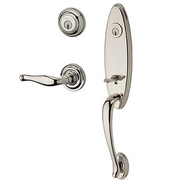 Right Handed Double Cylinder Chesapeake Handleset with Decorative Door Lever with Traditional Round Rose in Polished Nickel