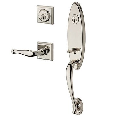 Right Handed Double Cylinder Chesapeake Handleset with Decorative Door Lever with Traditional Square Rose in Polished Nickel