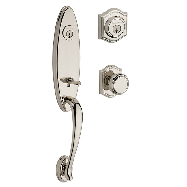 Double Cylinder Chesapeake Handleset with Traditional Door Knob with Traditional Arch Rose in Polished Nickel