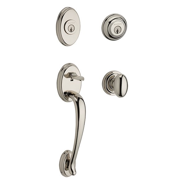 Double Cylinder Columbus Handleset with Ellipse Door Knob with Traditional Round Rose in Polished Nickel
