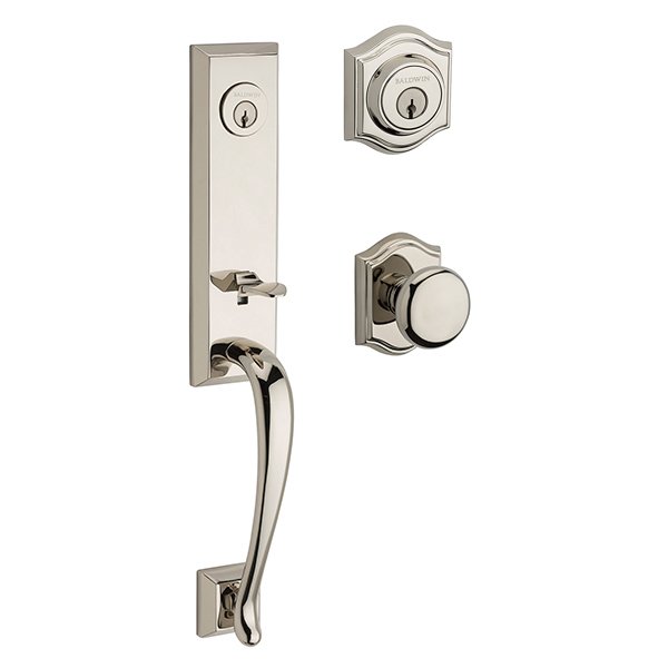 Double Cylinder Del Mar Handleset with Round Door Knob with Traditional Arch Rose in Polished Nickel