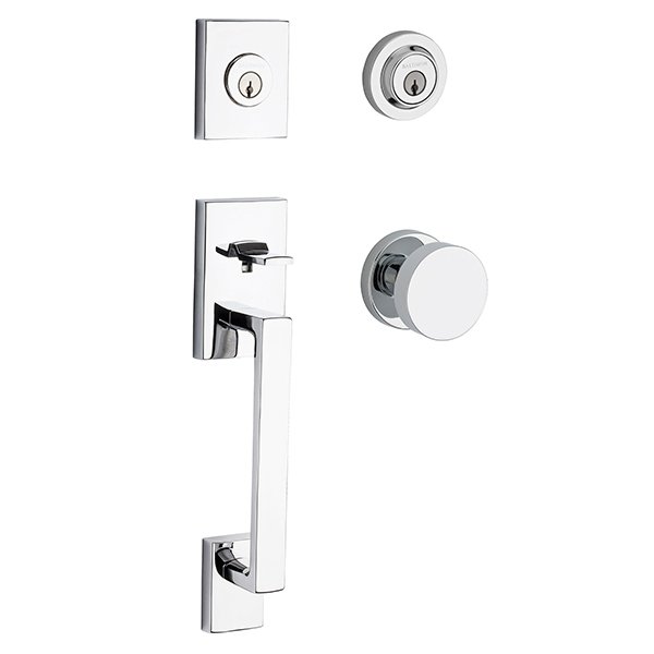 Double Cylinder La Jolla Handleset with Contemporary Door Knob with Contemporary Round Rose in Polished Chrome