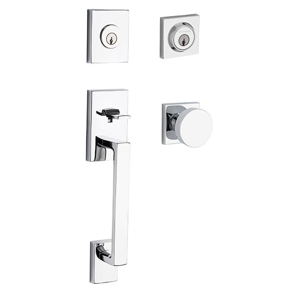 Double Cylinder La Jolla Handleset with Contemporary Door Knob with Contemporary Square Rose in Polished Chrome