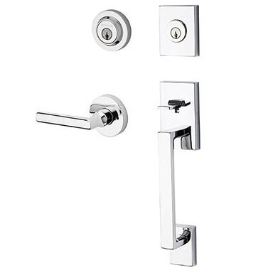 Right Handed Double Cylinder La Jolla Handleset with Tube Door Lever with Contemporary Round Rose in Polished Chrome