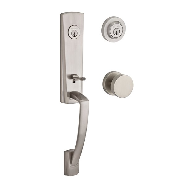 Double Cylinder Miami Handleset with Contemporary Door Knob with Contemporary Round Rose in Satin Nickel