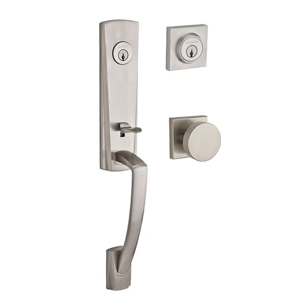 Double Cylinder Miami Handleset with Contemporary Door Knob with Contemporary Square Rose in Satin Nickel