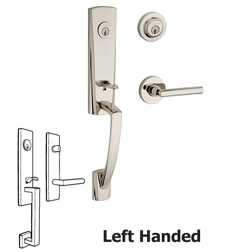 Left Handed Double Cylinder Miami Handleset with Tube Door Lever with Contemporary Round Rose in Polished Nickel