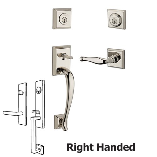 Right Handed Double Cylinder Napa Handleset with Decorative Door Lever with Traditional Square Rose in Polished Nickel