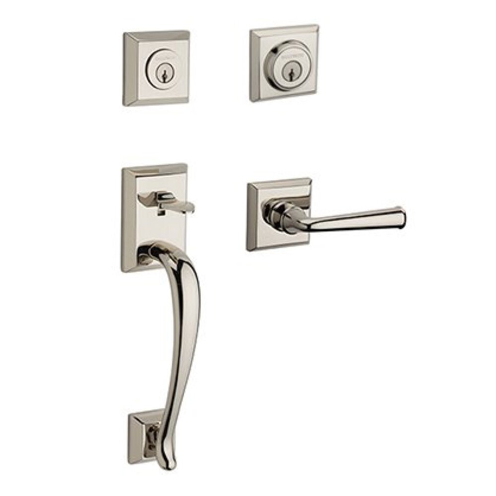 Left Handed Double Cylinder Napa Handleset with Federal Door Lever with Traditional Square Rose in Polished Nickel