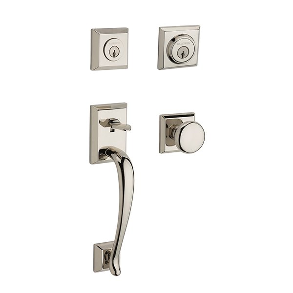 Double Cylinder Napa Handleset with Round Door Knob with Traditional Square Rose in Polished Nickel