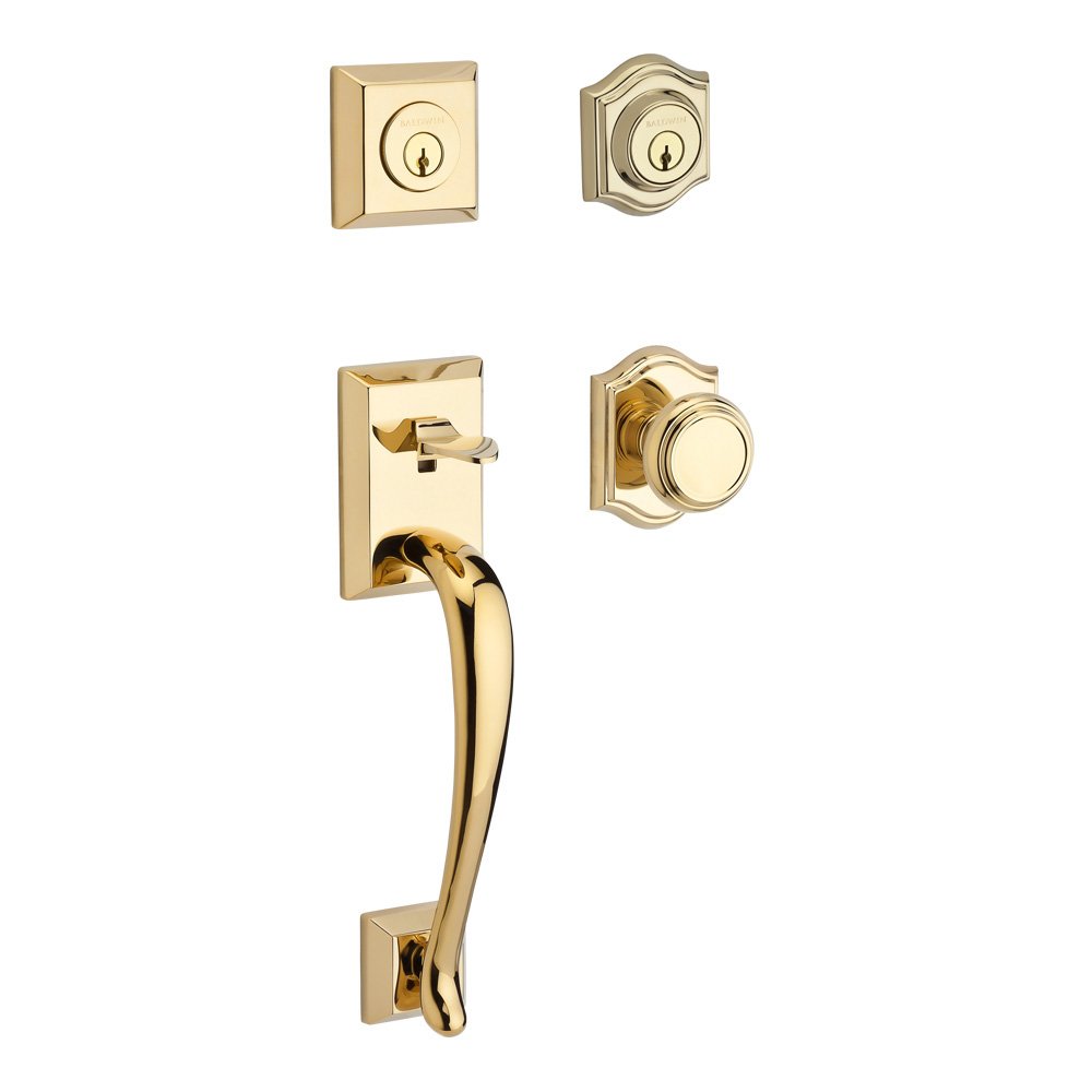 Handleset with Traditional Knob and Traditional Arch Rose in Polished Brass
