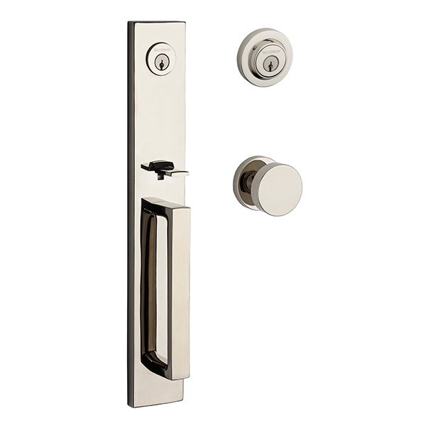 Double Cylinder Santa Cruz Handleset with Contemporary Door Knob with Contemporary Round Rose in Polished Nickel
