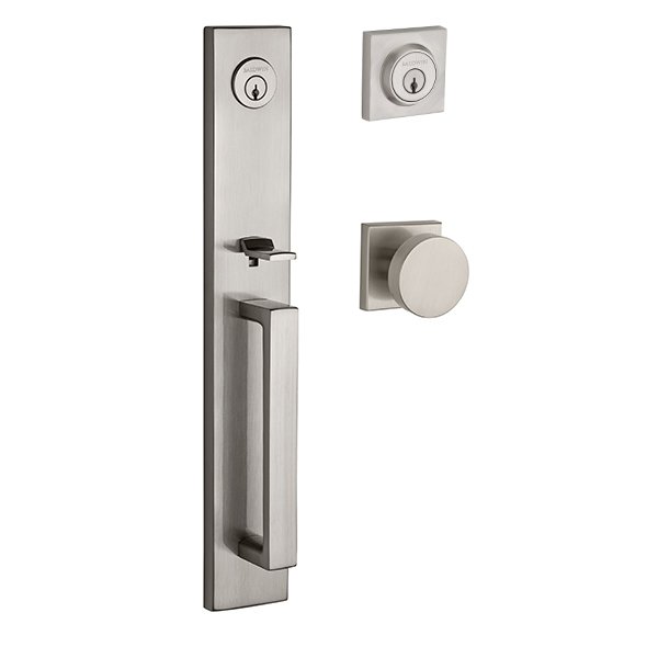 Double Cylinder Santa Cruz Handleset with Contemporary Door Knob with Contemporary Square Rose in Satin Nickel