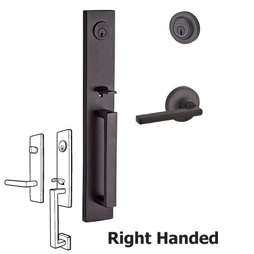 Right Handed Double Cylinder Santa Cruz Handleset with Square Door Lever with Contemporary Round Rose in Venetian Bronze