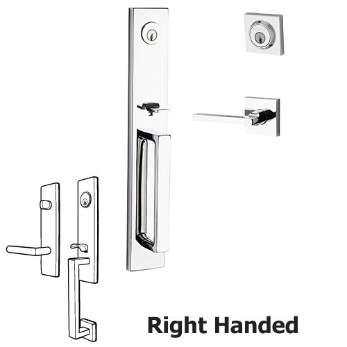 Right Handed Double Cylinder Santa Cruz Handleset with Square Door Lever with Contemporary Square Rose in Polished Chrome