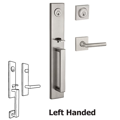 Left Handed Double Cylinder Santa Cruz Handleset with Tube Door Lever with Contemporary Square Rose in Satin Nickel
