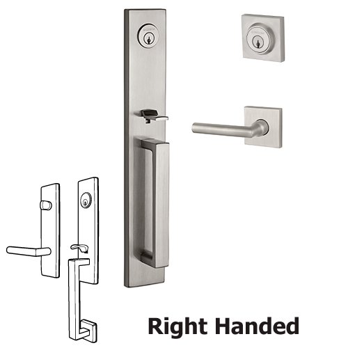 Right Handed Double Cylinder Santa Cruz Handleset with Tube Door Lever with Contemporary Square Rose in Satin Nickel