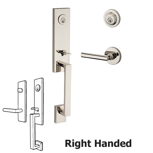 Right Handed Double Cylinder Seattle Handleset with Tube Door Lever with Contemporary Round Rose in Polished Nickel