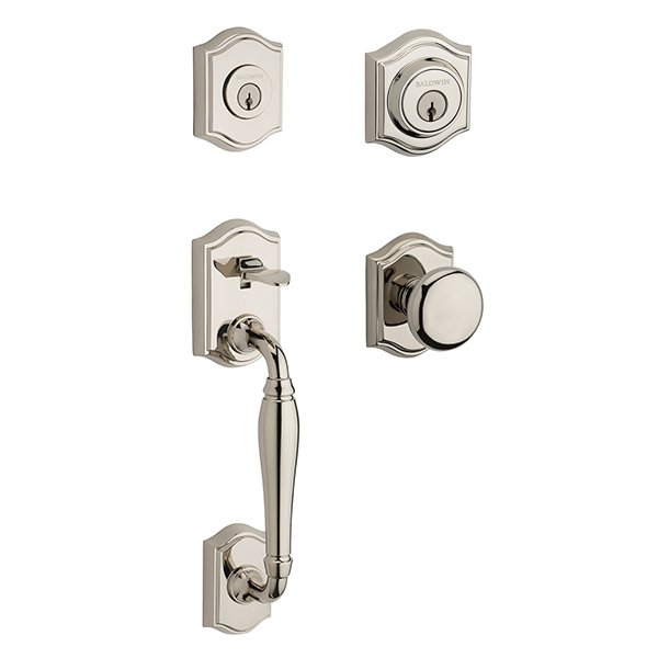Double Cylinder Westcliff Handleset with Round Door Knob with Traditional Arch Rose in Polished Nickel