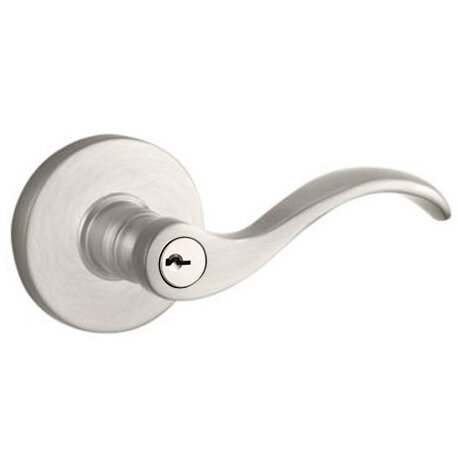 Keyed Entry Door Lever with Contemporary Round Rose in Satin Nickel