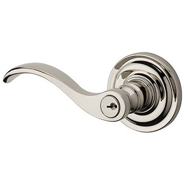 Left Handed Keyed Curve Door Lever with Traditional Round Rose in Polished Nickel