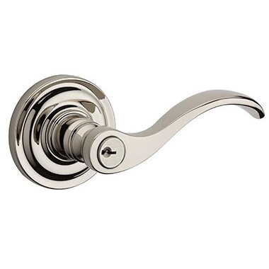 Right Handed Keyed Curve Door Lever with Traditional Round Rose in Polished Nickel