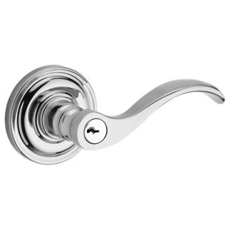 Keyed Entry Door Lever with Traditional Round Rose in Polished Chrome