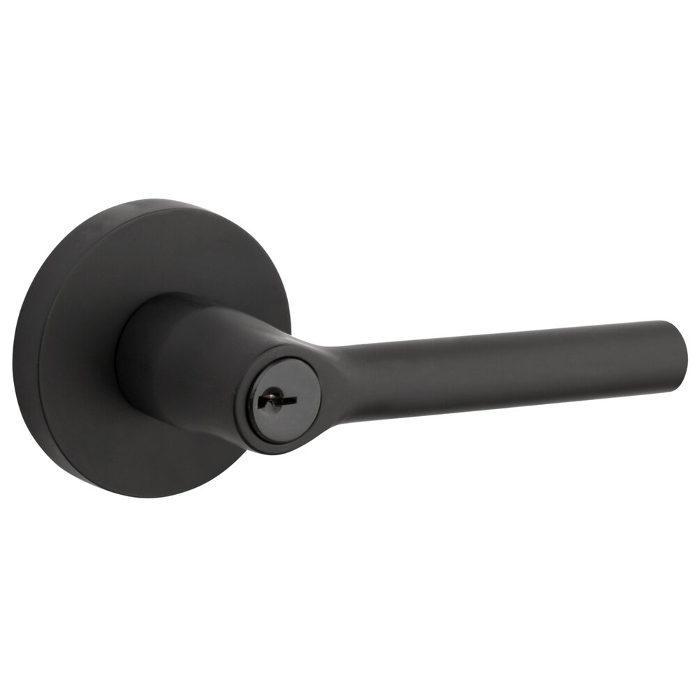 Keyed Entry Door Lever with Contemporary Round Rose in Satin Black