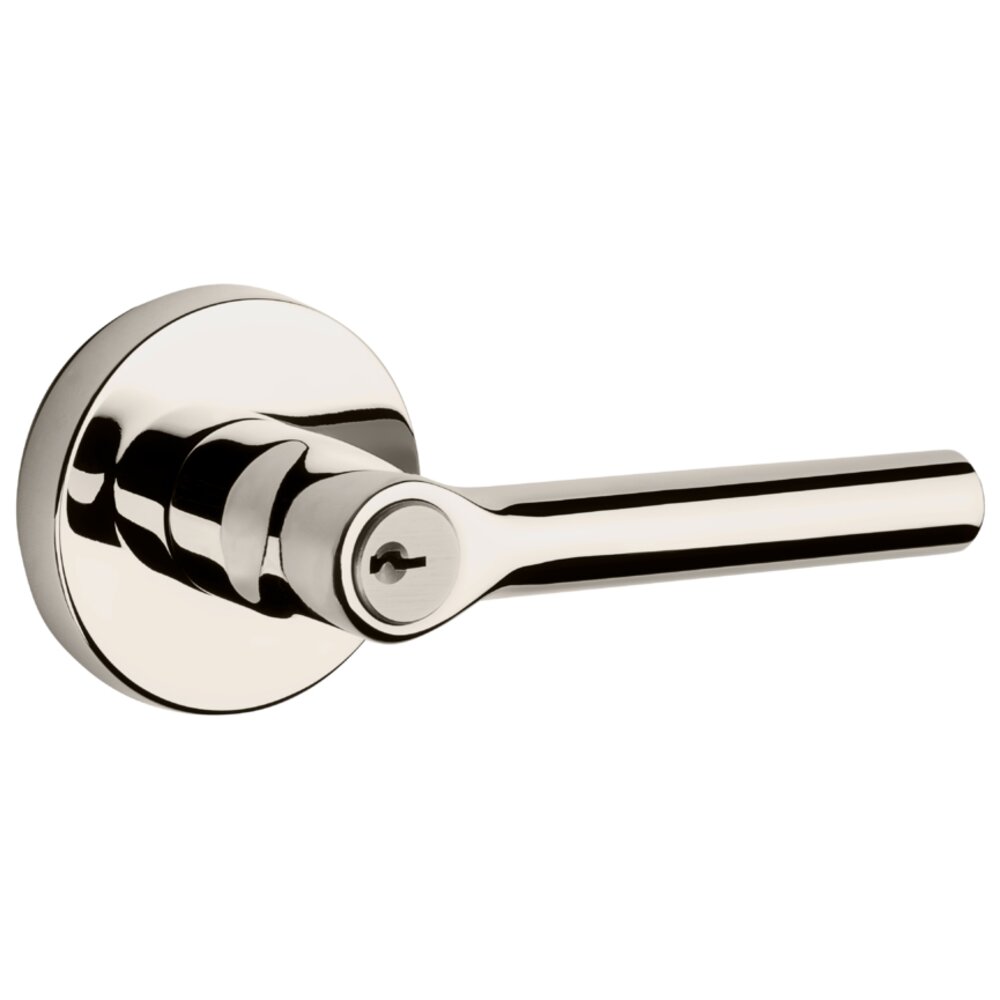 Keyed Tube Door Lever with Contemporary Round Rose in Polished Nickel