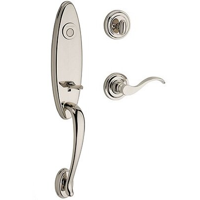Left Handed Full Dummy Chesapeake Handleset with Curve Door Lever with Traditional Round Rose in Polished Nickel