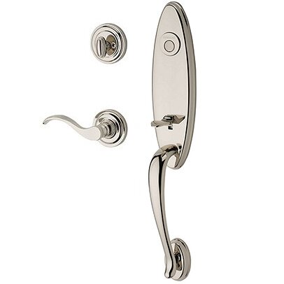 Right Handed Full Dummy Chesapeake Handleset with Curve Door Lever with Traditional Round Rose in Polished Nickel