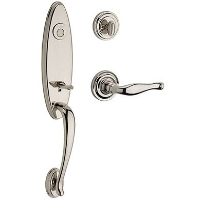 Left Handed Full Dummy Chesapeake Handleset with Decorative Door Lever with Traditional Round Rose in Polished Nickel