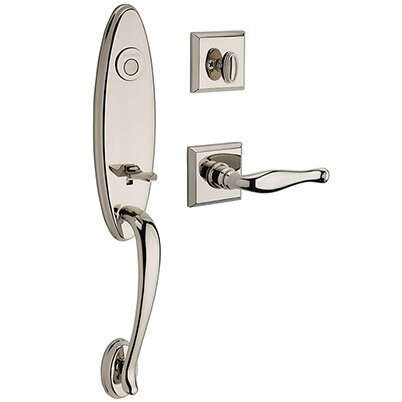 Left Handed Full Dummy Chesapeake Handleset with Decorative Door Lever with Traditional Square Rose in Polished Nickel