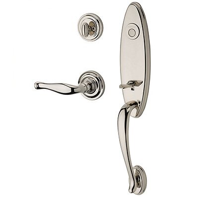 Right Handed Full Dummy Chesapeake Handleset with Decorative Door Lever with Traditional Round Rose in Polished Nickel