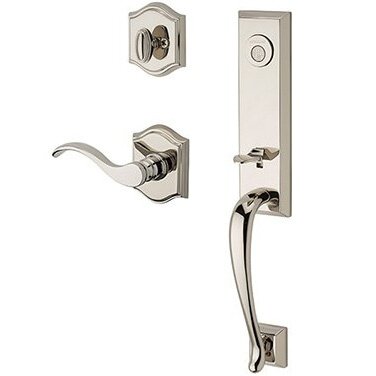 Right Handed Full Dummy Del Mar Handleset with Curve Door Lever with Traditional Arch Rose in Polished Nickel