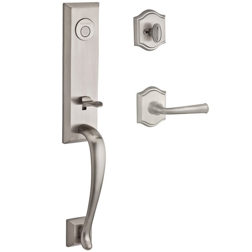 Handleset with Left Handed Federal Lever and Traditional Arch Rose in Satin Nickel