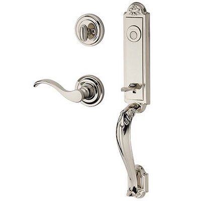 Right Handed Full Dummy Elizabeth Handlest with Curve Door Lever with Traditional Round Rose in Polished Nickel