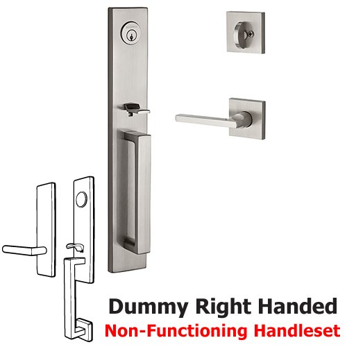 Right Handed Full Dummy Santa Cruz Handleset with Square Door Lever with Contemporary Square Rose in Satin Nickel