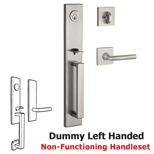 Left Handed Full Dummy Santa Cruz Handleset with Tube Door Lever with Contemporary Square Rose in Satin Nickel