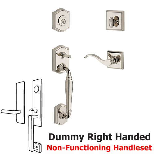 Right Handed Full Dummy Westcliff Handleset with Curve Door Lever with Traditional Square Rose in Polished Nickel