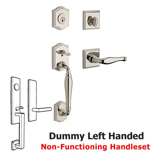 Left Handed Full Dummy Westcliff Handleset with Decorative Door Lever with Traditional Square Rose in Polished Nickel